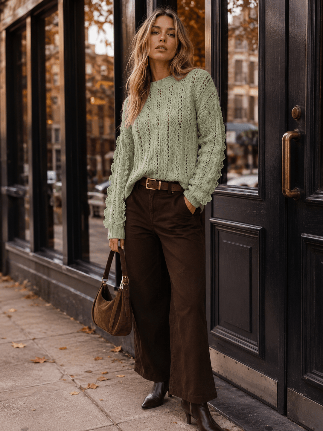 WOMEN'S LONG SLEEVE LACE TRIM KNIT PULLOVER SWEATER