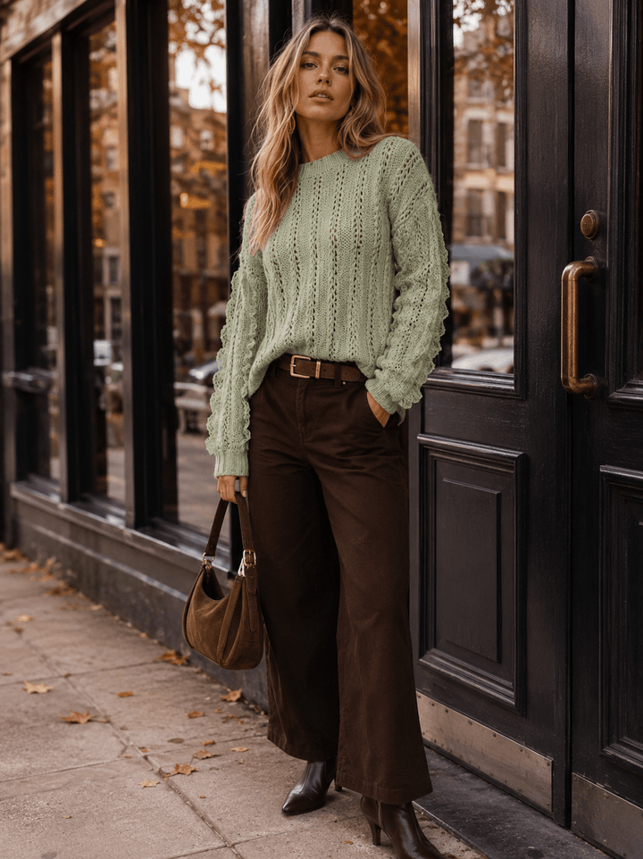 WOMEN'S LONG SLEEVE LACE TRIM KNIT PULLOVER SWEATER