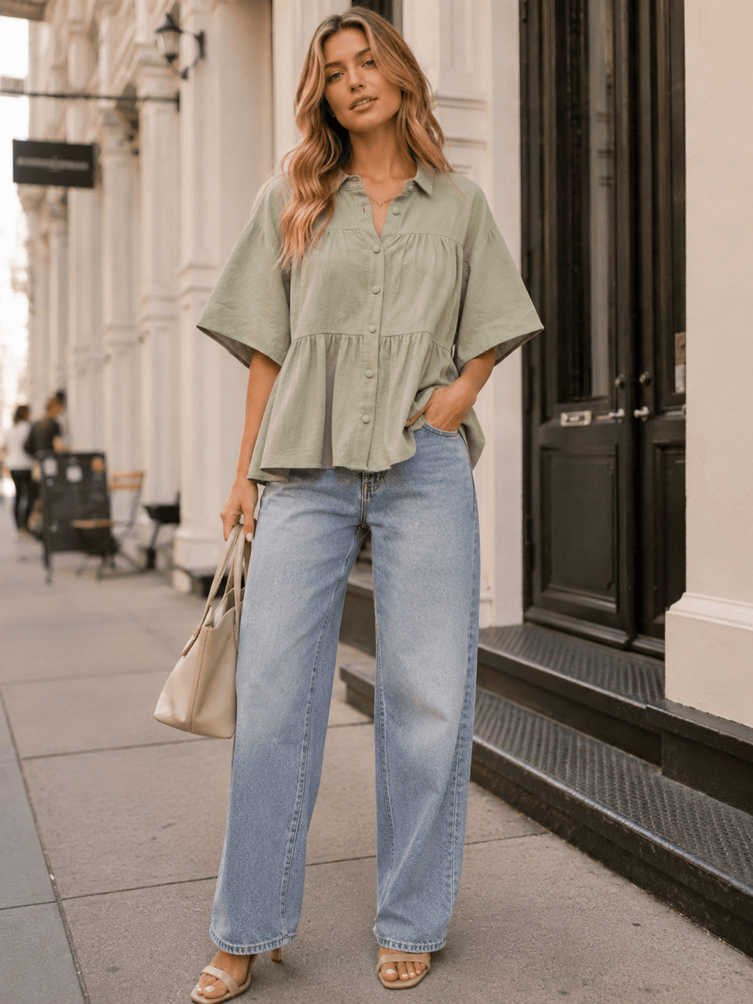 WOMEN'S SHORT SLEEVE BUTTON UP TIERED TUNIC TOP