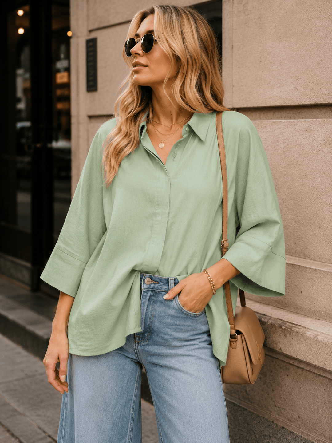 WOMEN'S 3/4 SLEEVE BUTTON UP LOOSE FIT TOP