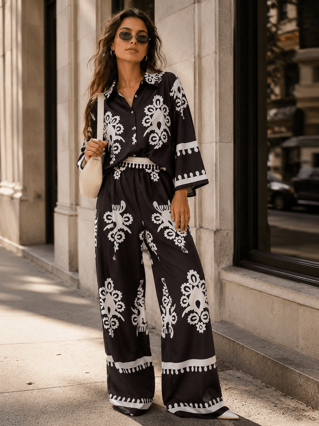 WOMEN'S 3/4 SLEEVE BUTTON UP TOP & ELASTIC WAIST WIDE LEG PANTS MULTI PRINT 2PC. SET