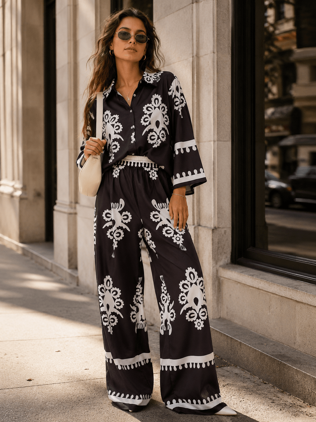 WOMEN'S 3/4 SLEEVE BUTTON UP TOP & ELASTIC WAIST WIDE LEG PANTS MULTI PRINT 2PC. SET