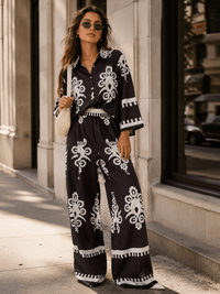 WOMEN'S 3/4 SLEEVE BUTTON UP TOP & ELASTIC WAIST WIDE LEG PANTS MULTI PRINT 2PC. SET