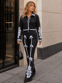 WOMEN'S LONG SLEEVE BUTTON UP TOP & ELASTIC WAIST BELL LEG PANTS FLORAL PRINT 2PC. SET