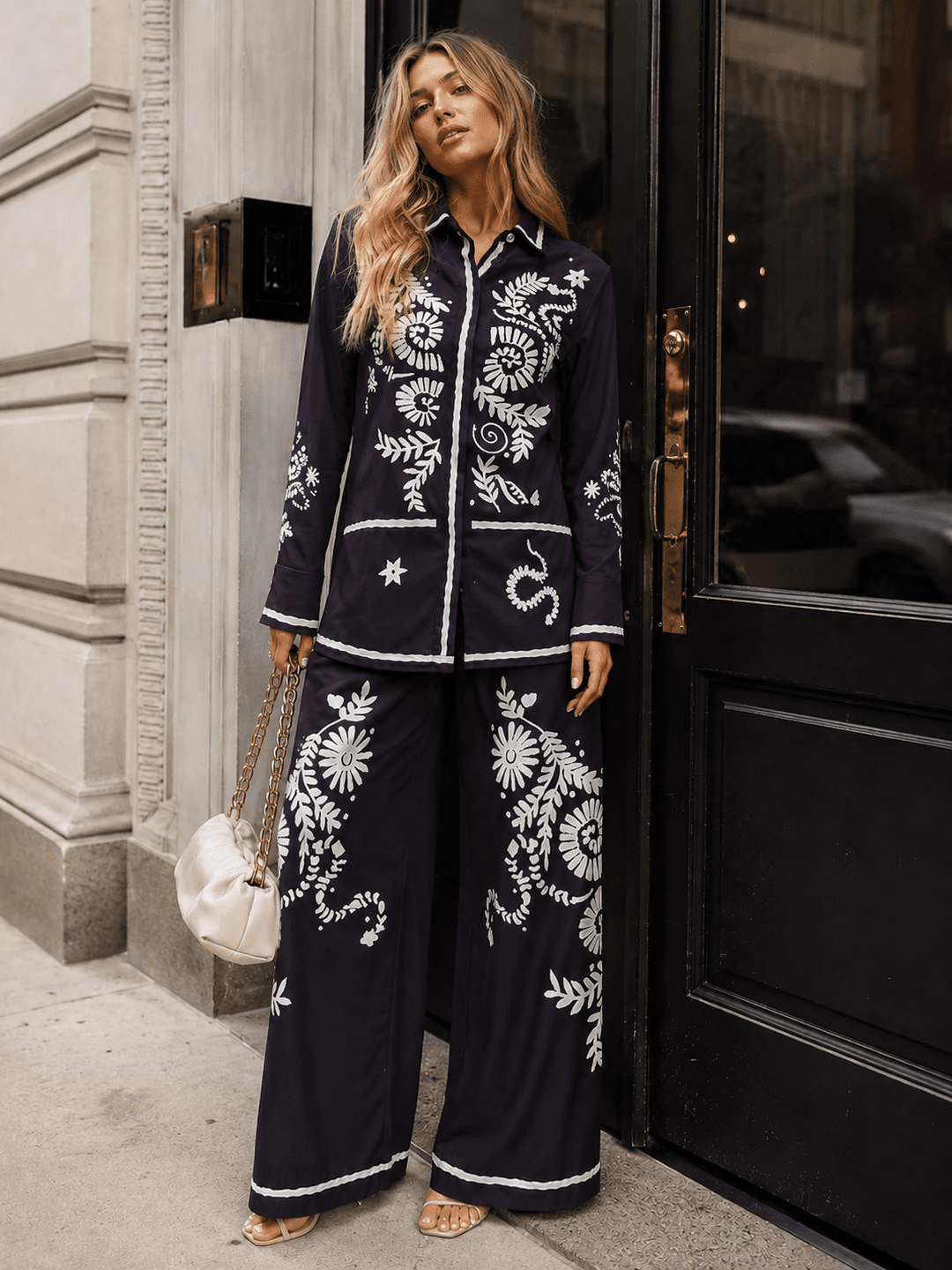 WOMEN'S LONG SLEEVE BUTTON UP TOP & ELASTIC WAIST WIDE LEG PANTS MULTI PRINT 2PC. SET