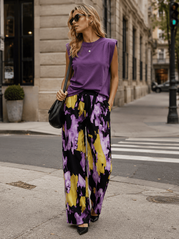 WOMEN'S SLEEVELESS BACK CUT OUT BLOUSE & ELASTIC WAIST POCKETS CAPRI PANTS TIE DYE 2PC. SET