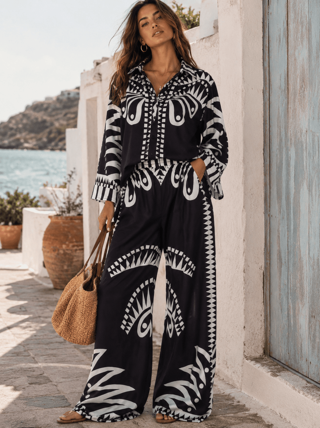 WOMEN'S 3/4 SLEEVE BUTTON UP TOP & ELASTIC WAIST WIDE LEG PANTS MULTI PRINT 2PC. SET
