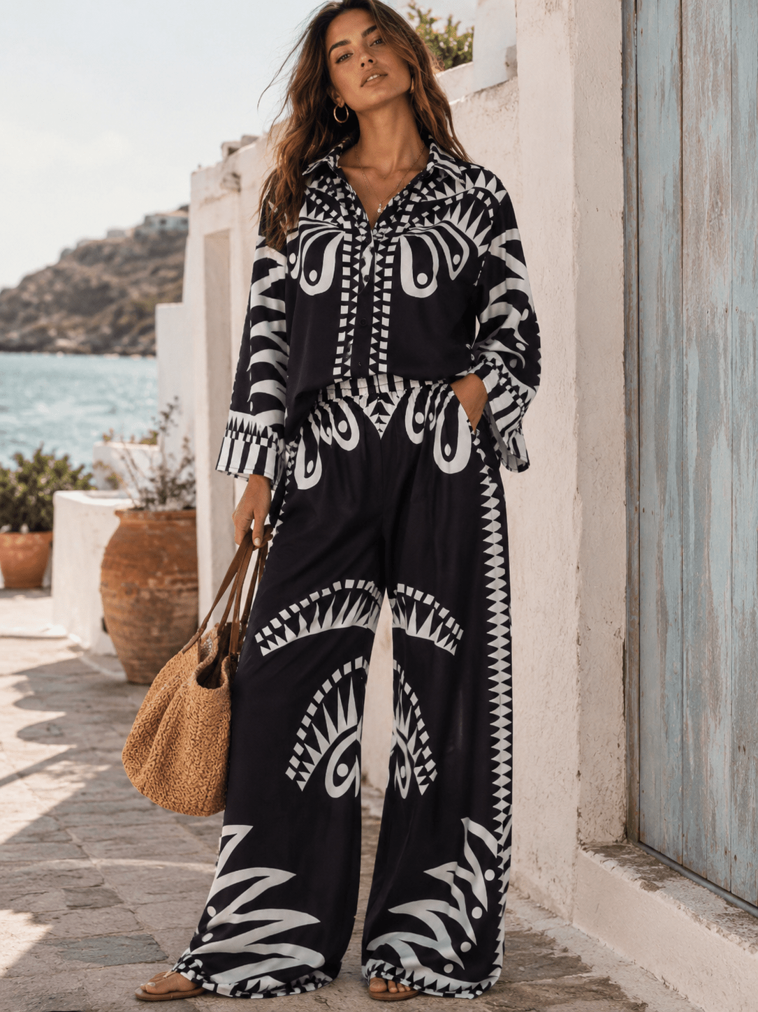 WOMEN'S 3/4 SLEEVE BUTTON UP TOP & ELASTIC WAIST WIDE LEG PANTS MULTI PRINT 2PC. SET