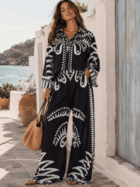 WOMEN'S 3/4 SLEEVE BUTTON UP TOP & ELASTIC WAIST WIDE LEG PANTS MULTI PRINT 2PC. SET