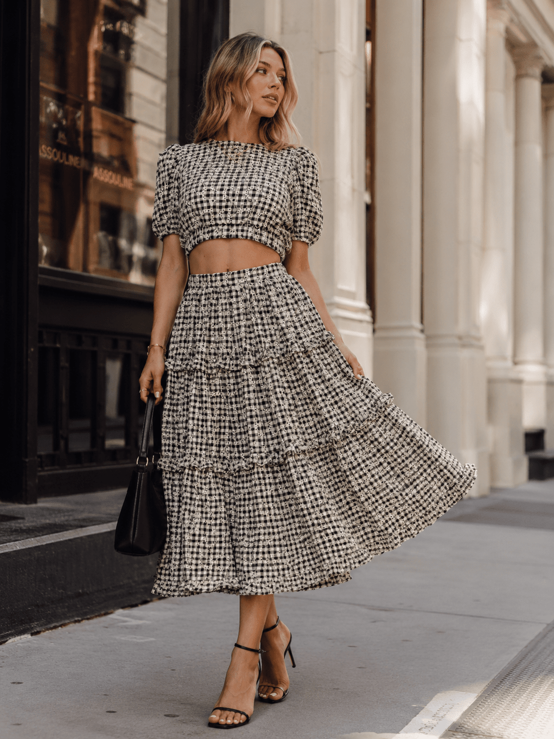JUST ME WOMEN'S SHORT SLEEVE CROP TOP & ELASTIC WAIST MAXI SKIRT PLAID EYELET 2PC. SET