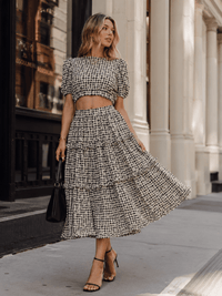 JUST ME WOMEN'S SHORT SLEEVE CROP TOP & ELASTIC WAIST MAXI SKIRT PLAID EYELET 2PC. SET