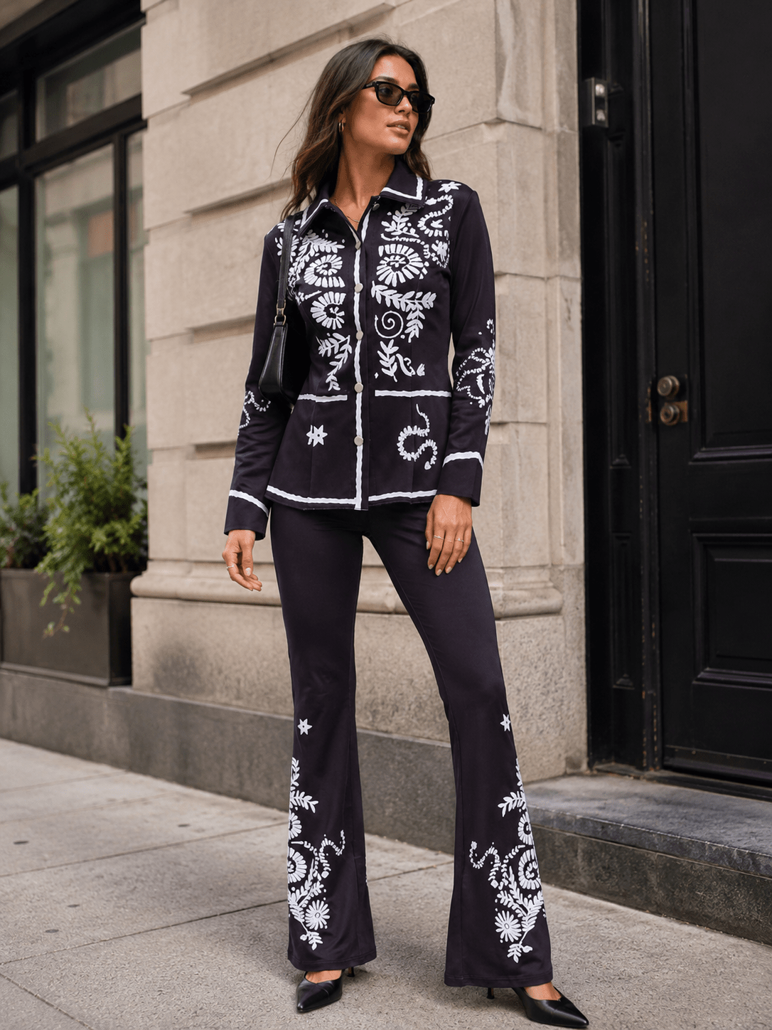 WOMEN'S LONG SLEEVE BUTTON UP TOP & ELASTIC WAIST BELL LEG PANTS MULTI PRINT 2PC. SET