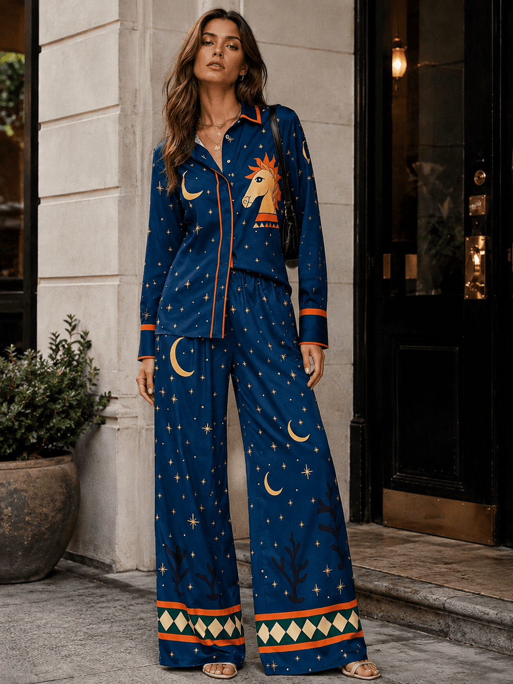 WOMEN'S LONG SLEEVE BUTTON UP TOP & ELASTIC WAIST WIDE LEG PANTS MULTI PRINT 2PC. SET