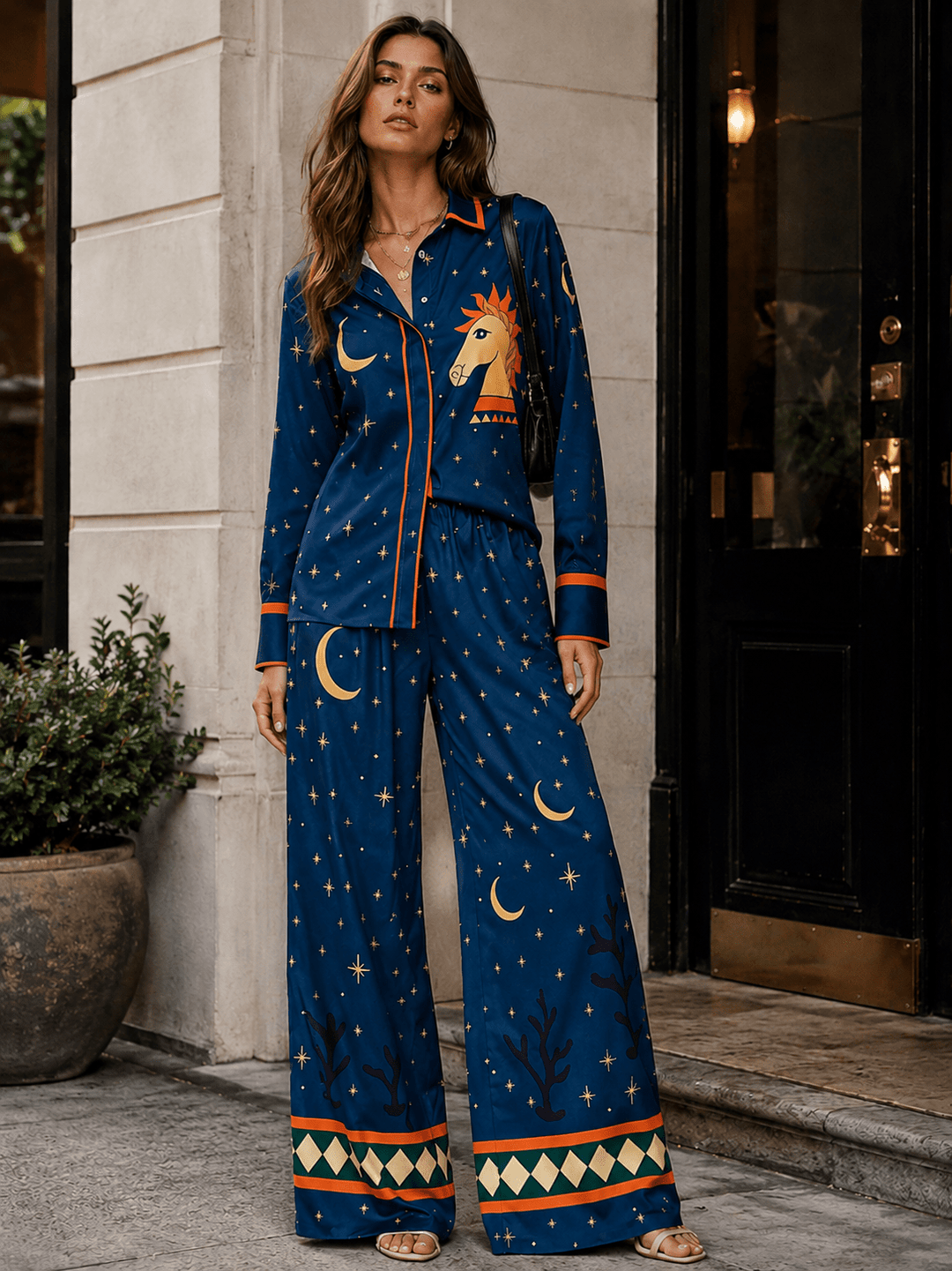 WOMEN'S LONG SLEEVE BUTTON UP TOP & ELASTIC WAIST WIDE LEG PANTS MULTI PRINT 2PC. SET