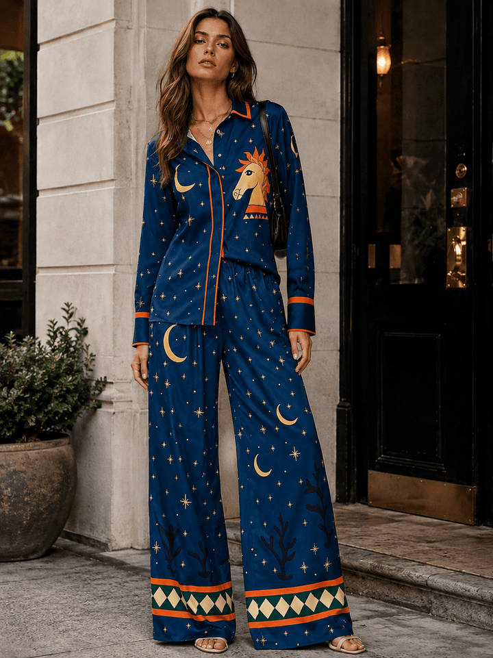 WOMEN'S LONG SLEEVE BUTTON UP TOP & ELASTIC WAIST WIDE LEG PANTS MULTI PRINT 2PC. SET