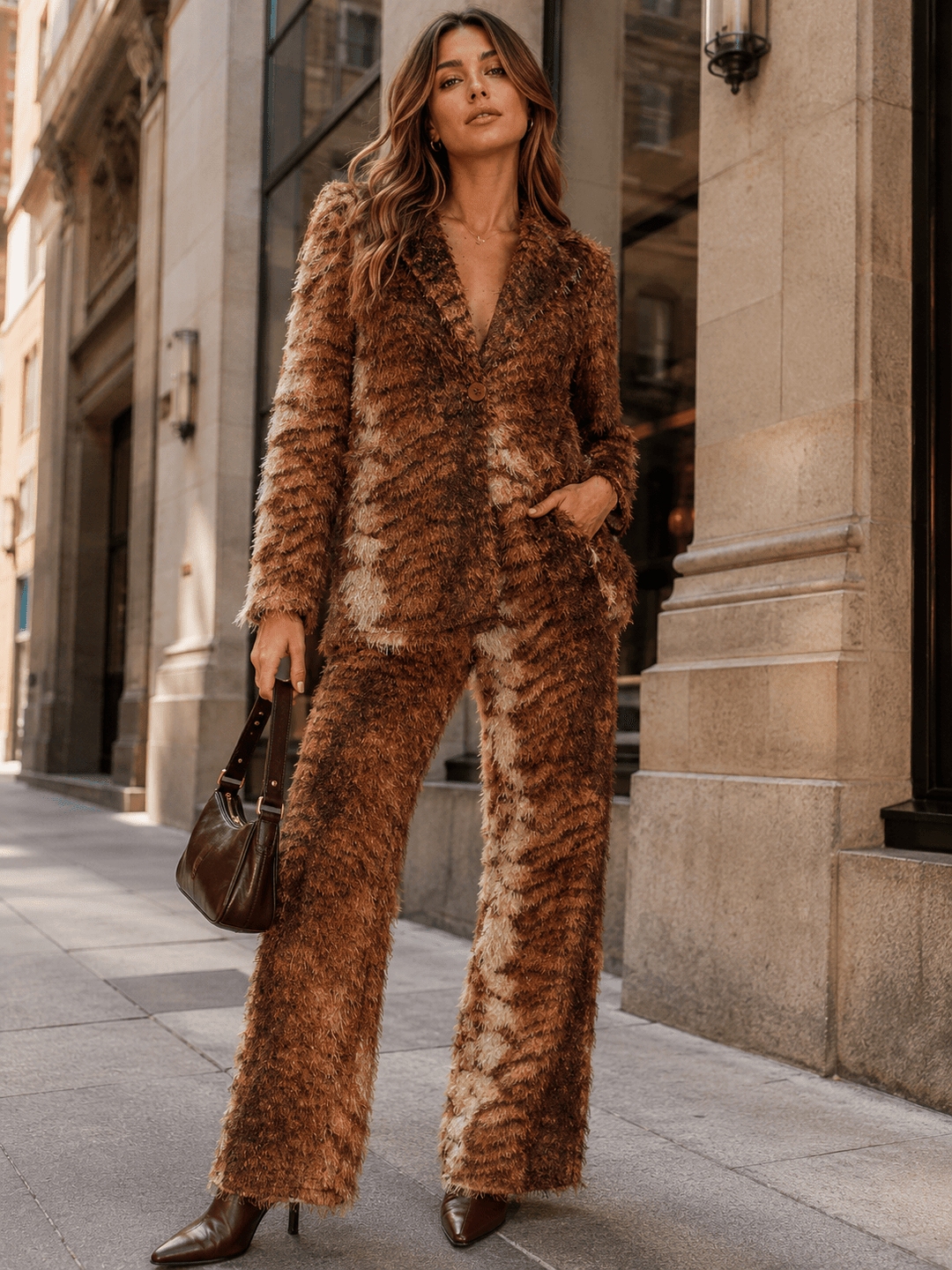 WOMEN'S LONG SLEEVE BUTTON CLOSURE TOP & ELASTIC WAIST STRAIGHT LEG PANTS ANIMAL PRINT 2PC. SET