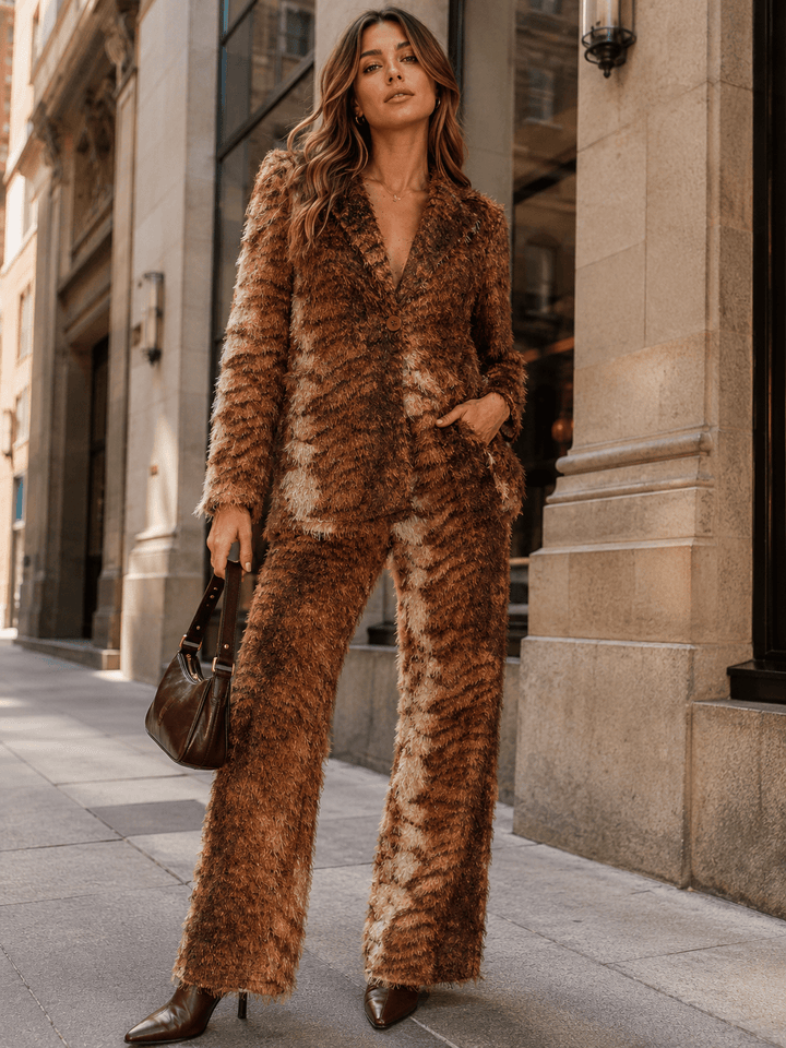 WOMEN'S LONG SLEEVE BUTTON CLOSURE TOP & ELASTIC WAIST STRAIGHT LEG PANTS ANIMAL PRINT 2PC. SET