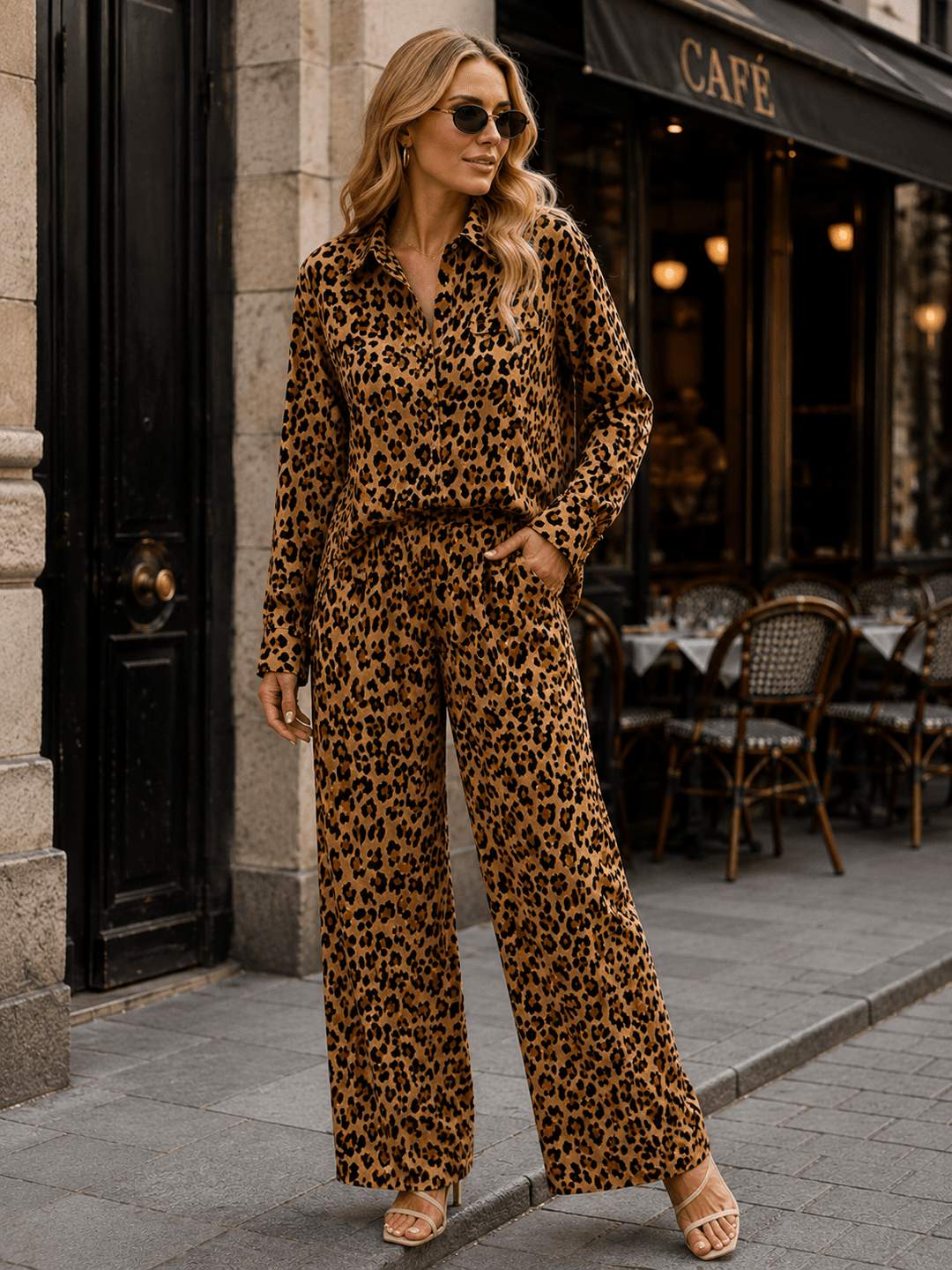 WOMEN'S LONG SLEEVE BUTTON UP HIGH-LOW ANIMAL PRINT SHIRT