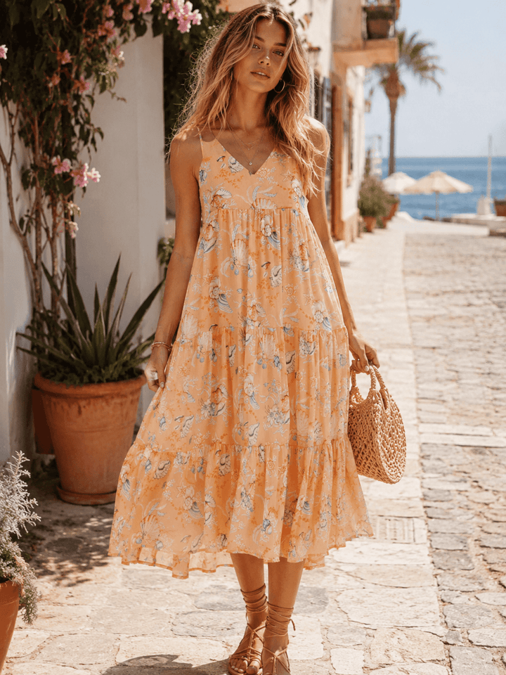WOMEN'S SLEEVELESS V-NECK TIERED FLORAL MIDI DRESS