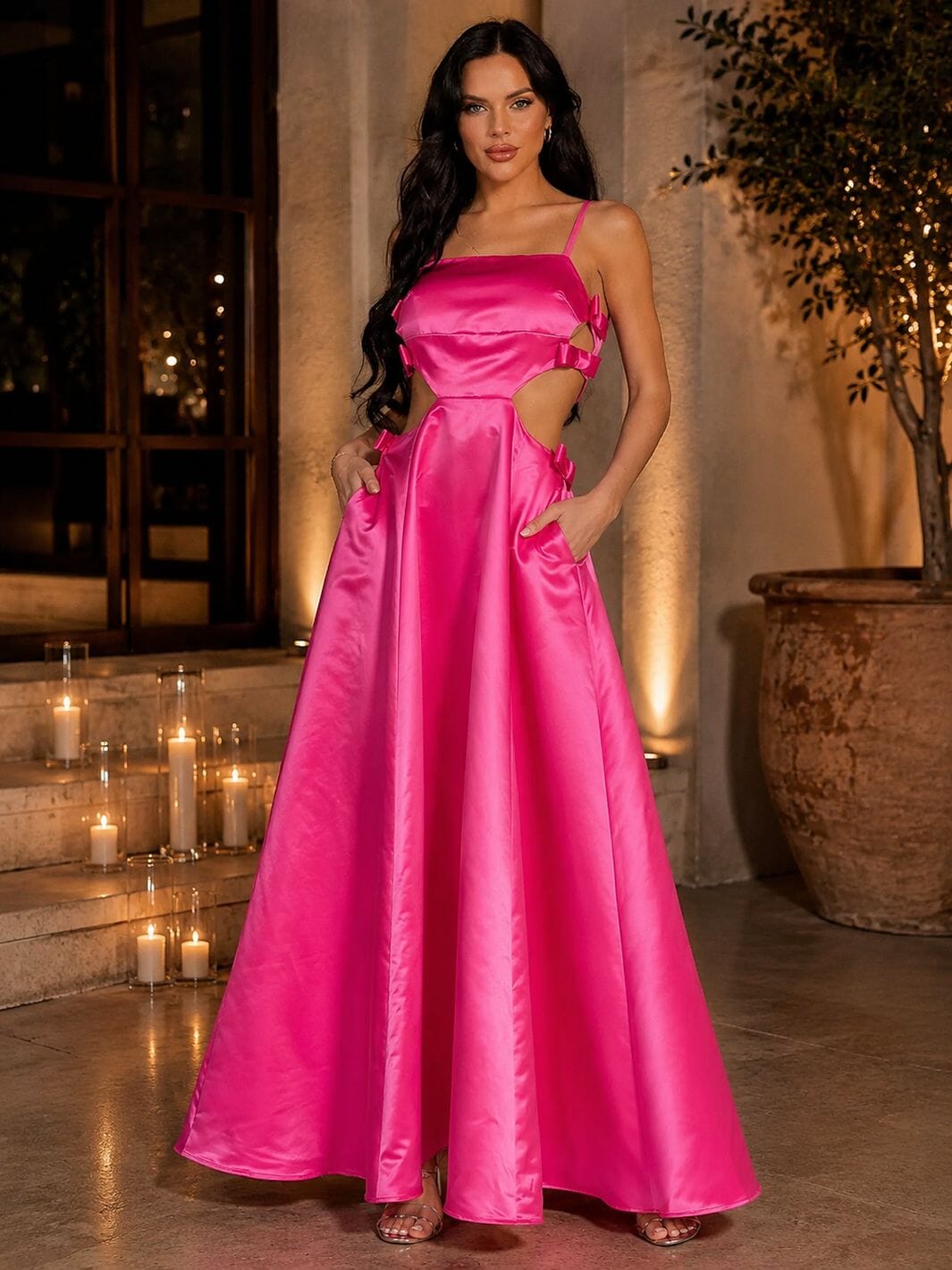 WOMEN'S SLEEVELESS CUT OUT FRONT POCKETS MAXI DRESS
