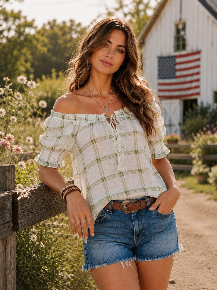 WOMEN'S SHORT SLEEVE CHECKERS PRINT BLOUSE