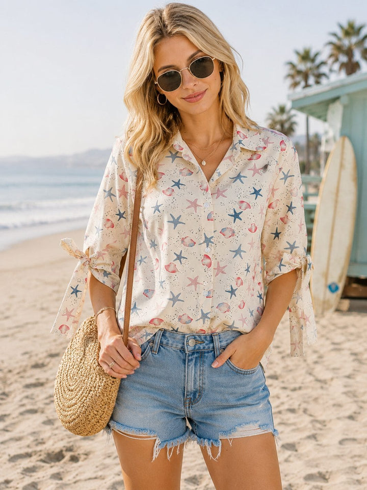 WOMEN'S SHORT SLEEVE BUTTON UP MULTI PRINT BLOUSE