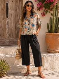 WOMEN'S SHORT SLEEVE BLOUSE & ELASTIC WAIST POCKETS CAPRI PANTS PRINT COLORBLOCK 2PC. SET