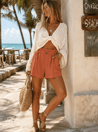 WOMEN'S ELASTIC WAIST FRONT POCKETS LINEN MINI SHORTS
