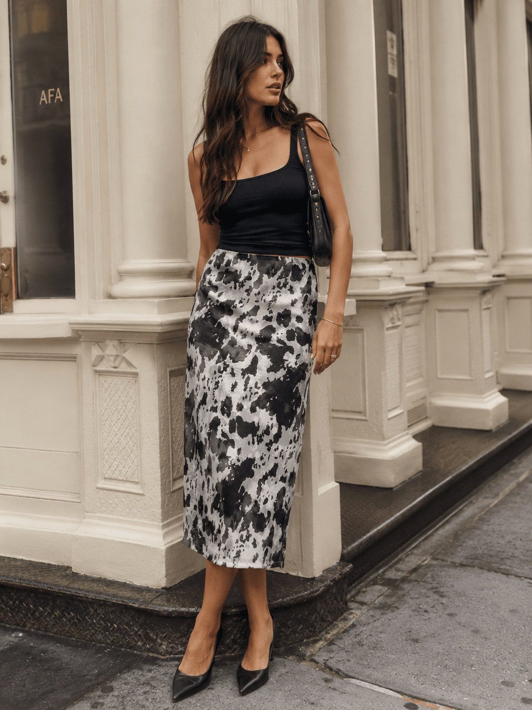 WOMEN'S ZIP UP ANIMAL PRINT MIDI SKIRT