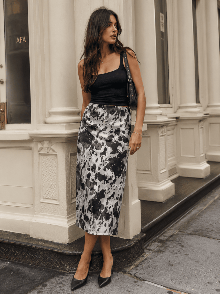 WOMEN'S ZIP UP ANIMAL PRINT MIDI SKIRT