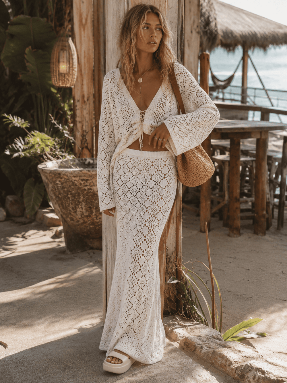 WOMEN'S ELASTIC WAIST CROCHET MAXI SKIRT