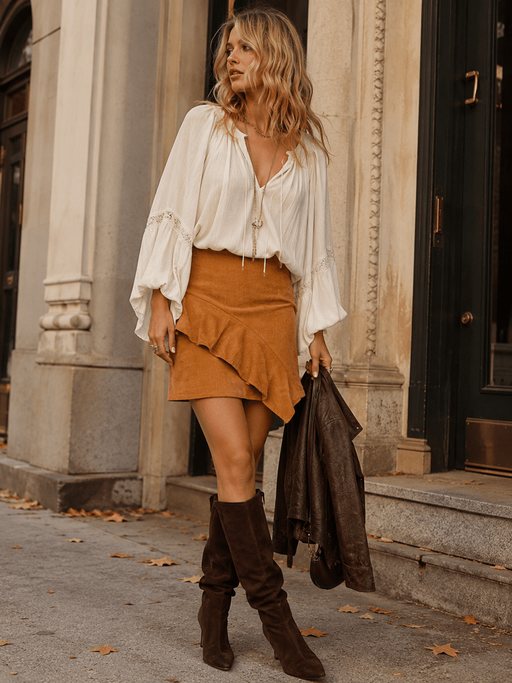 WOMEN'S ZIP UP RUFFLE CORDUROY MINI SKIRT