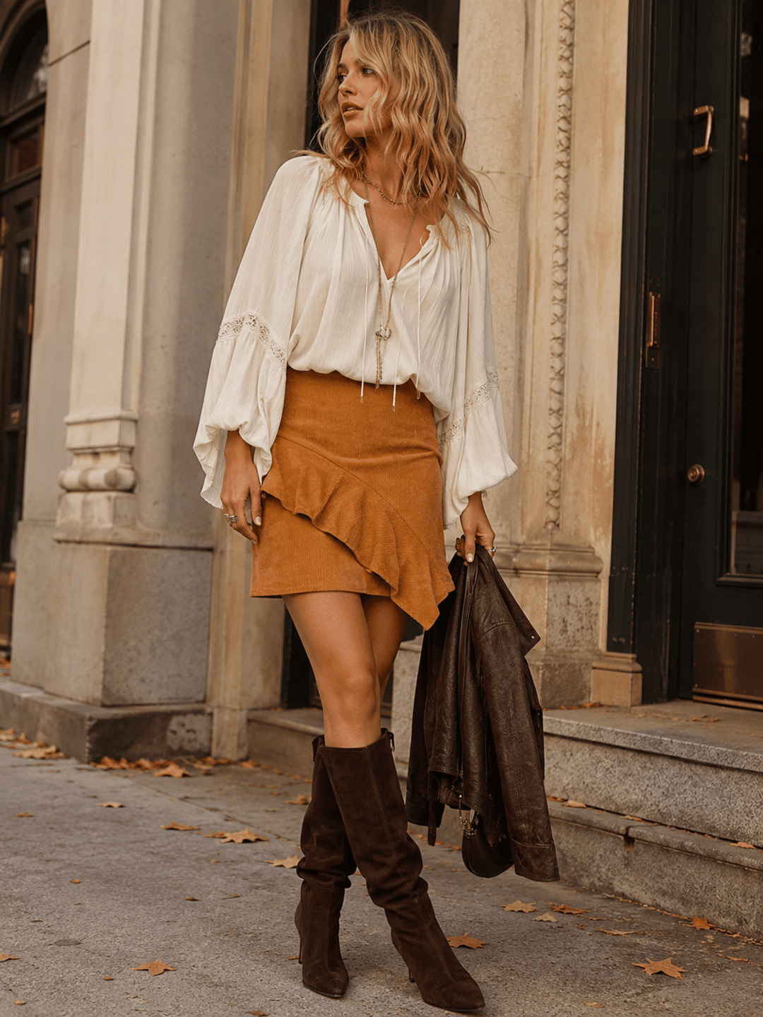 WOMEN'S ZIP UP RUFFLE CORDUROY MINI SKIRT