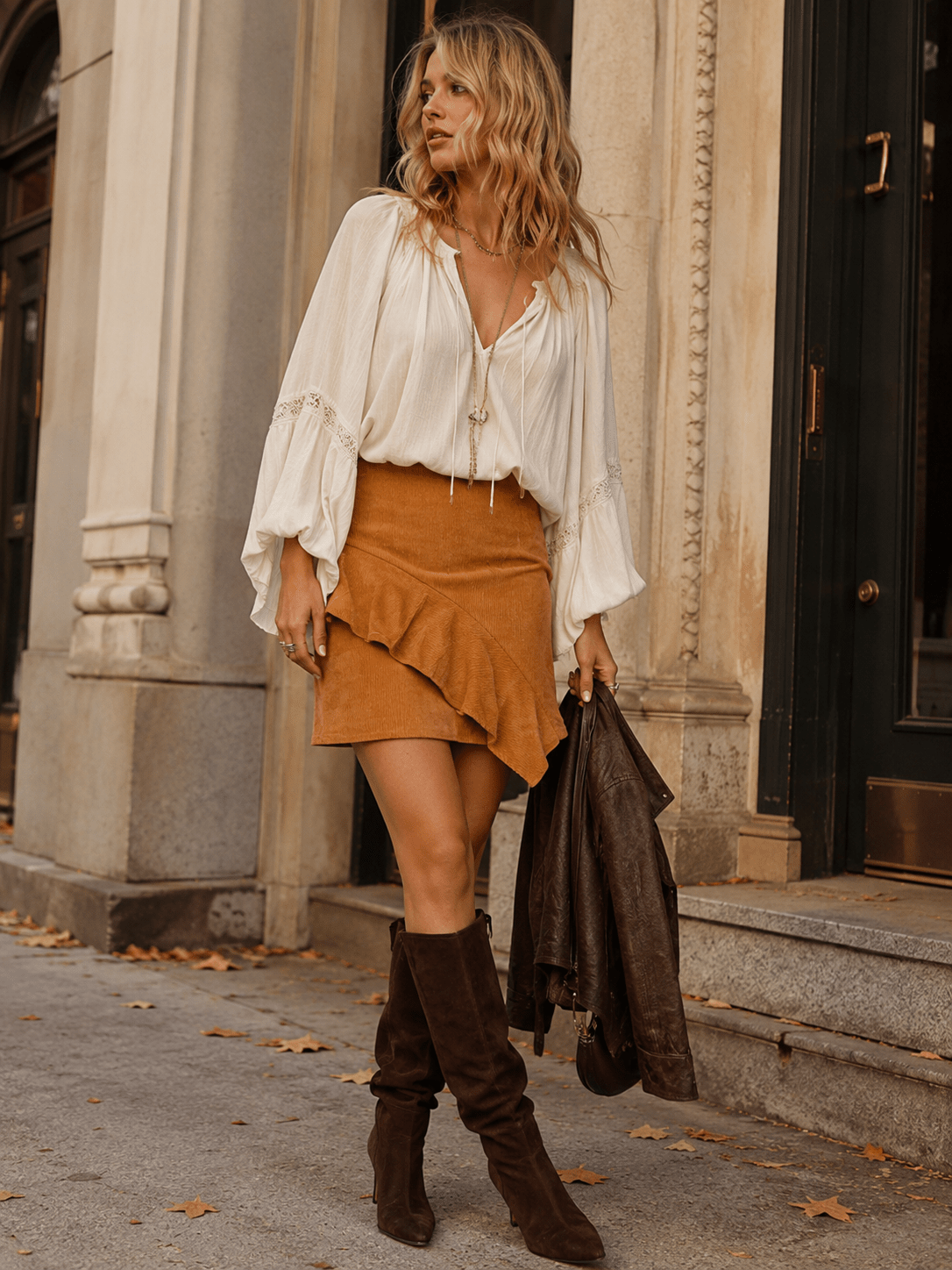 WOMEN'S ZIP UP RUFFLE CORDUROY MINI SKIRT