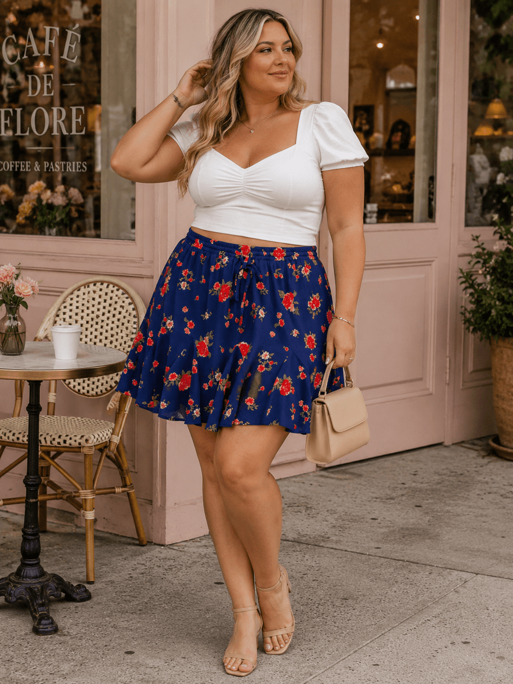 PLUS SIZE ELASTIC WAIST FIT & FLARE FLORAL PRINT MINI SKIRT