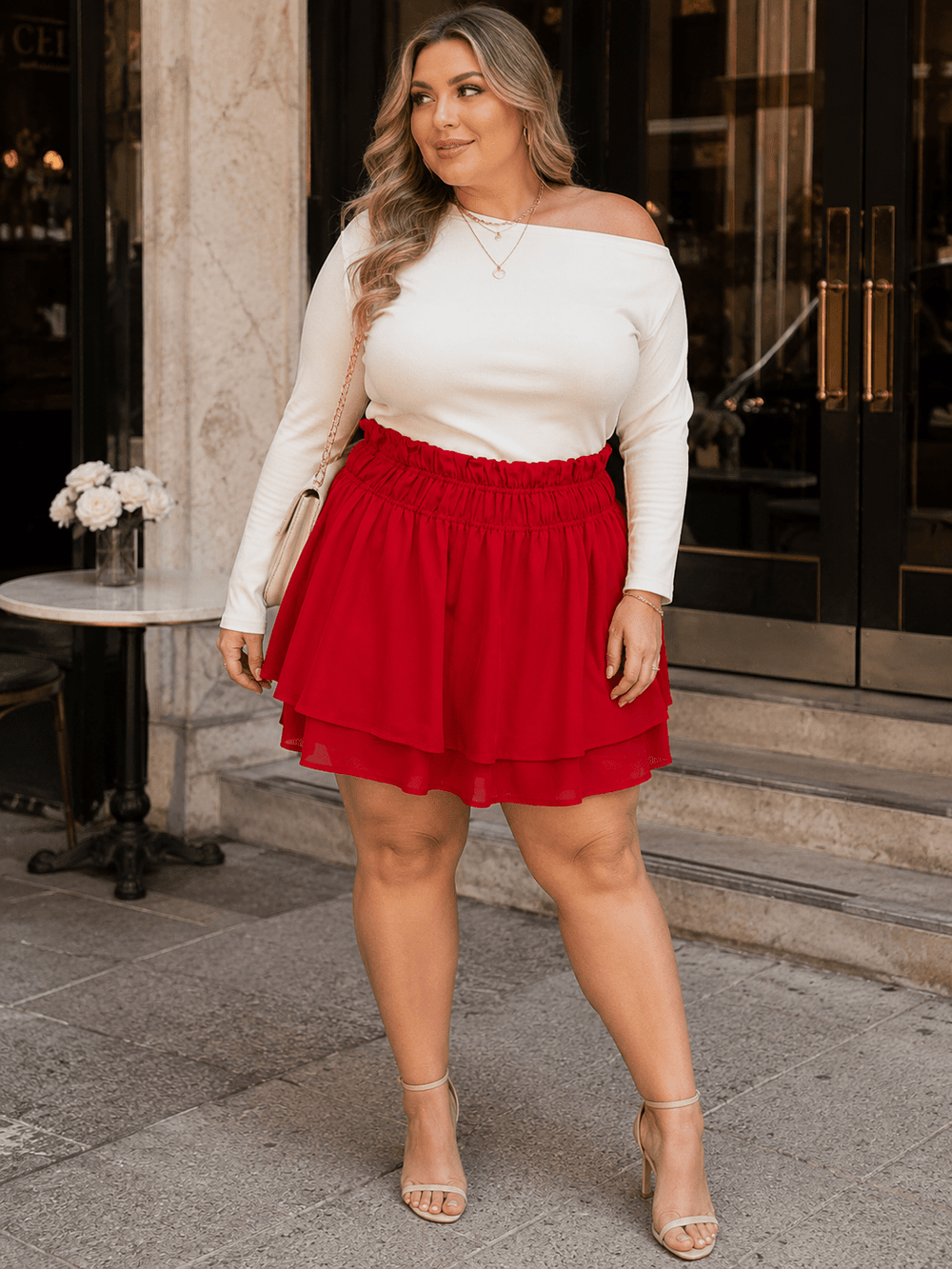 PLUS SIZE ELASTIC WAIST TIERED RUFFLE MINI SKIRT
