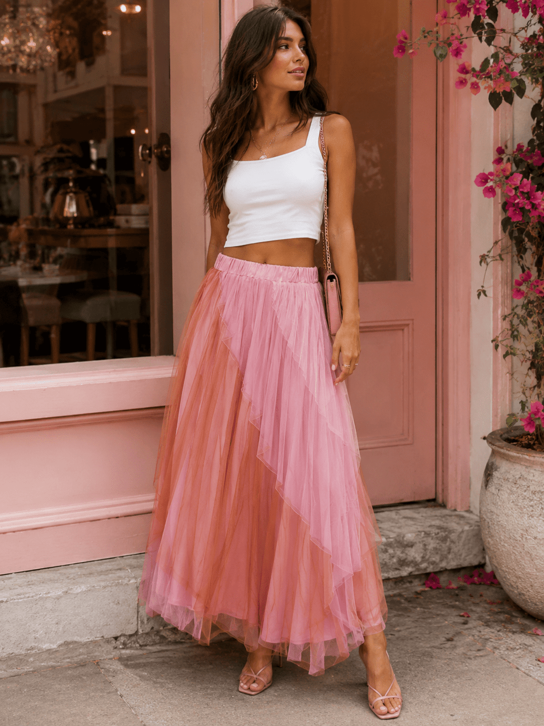 WOMEN'S ELASTIC WAIST TIERED COLORBLOCK MAXI SKIRT