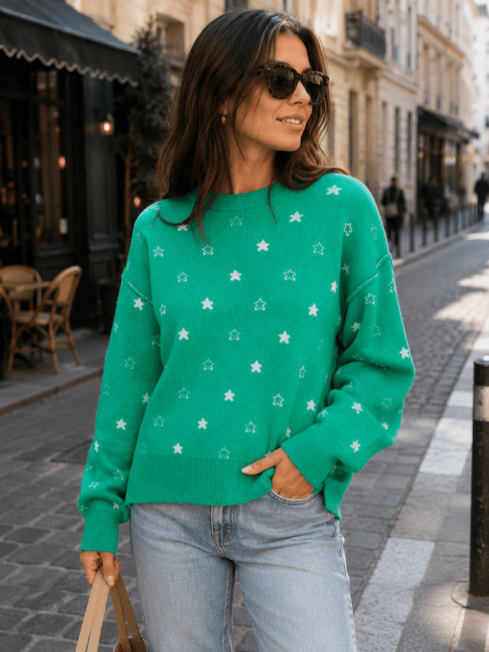 WOMEN'S LONG SLEEVE STARS PRINT PULLOVER SWEATER