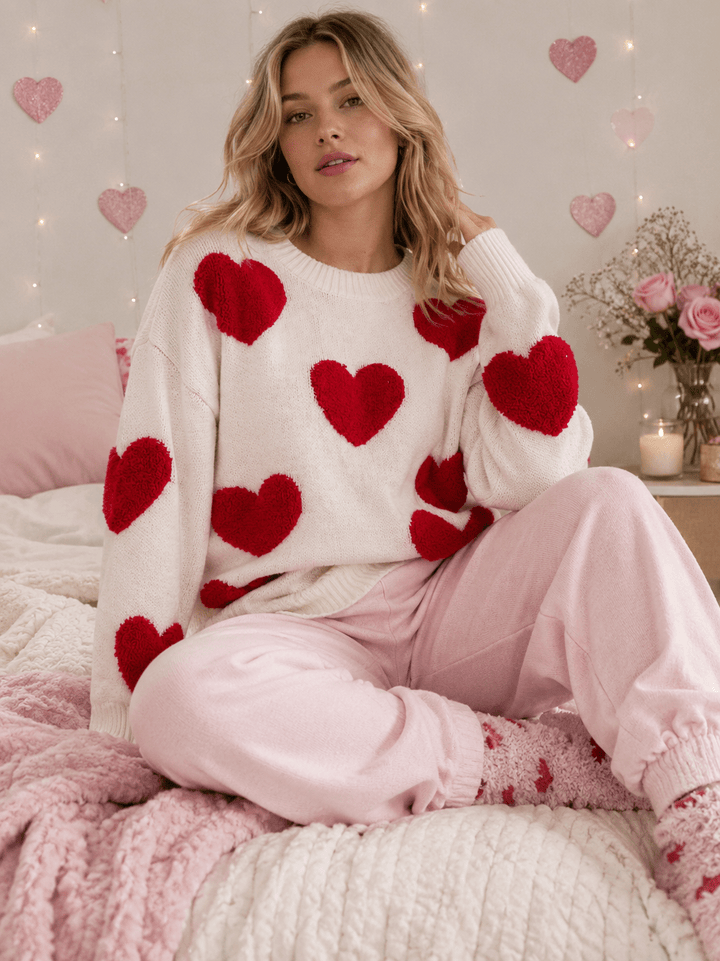WOMEN'S LONG SLEEVE HEARTS KNIT PULLOVER SWEATER