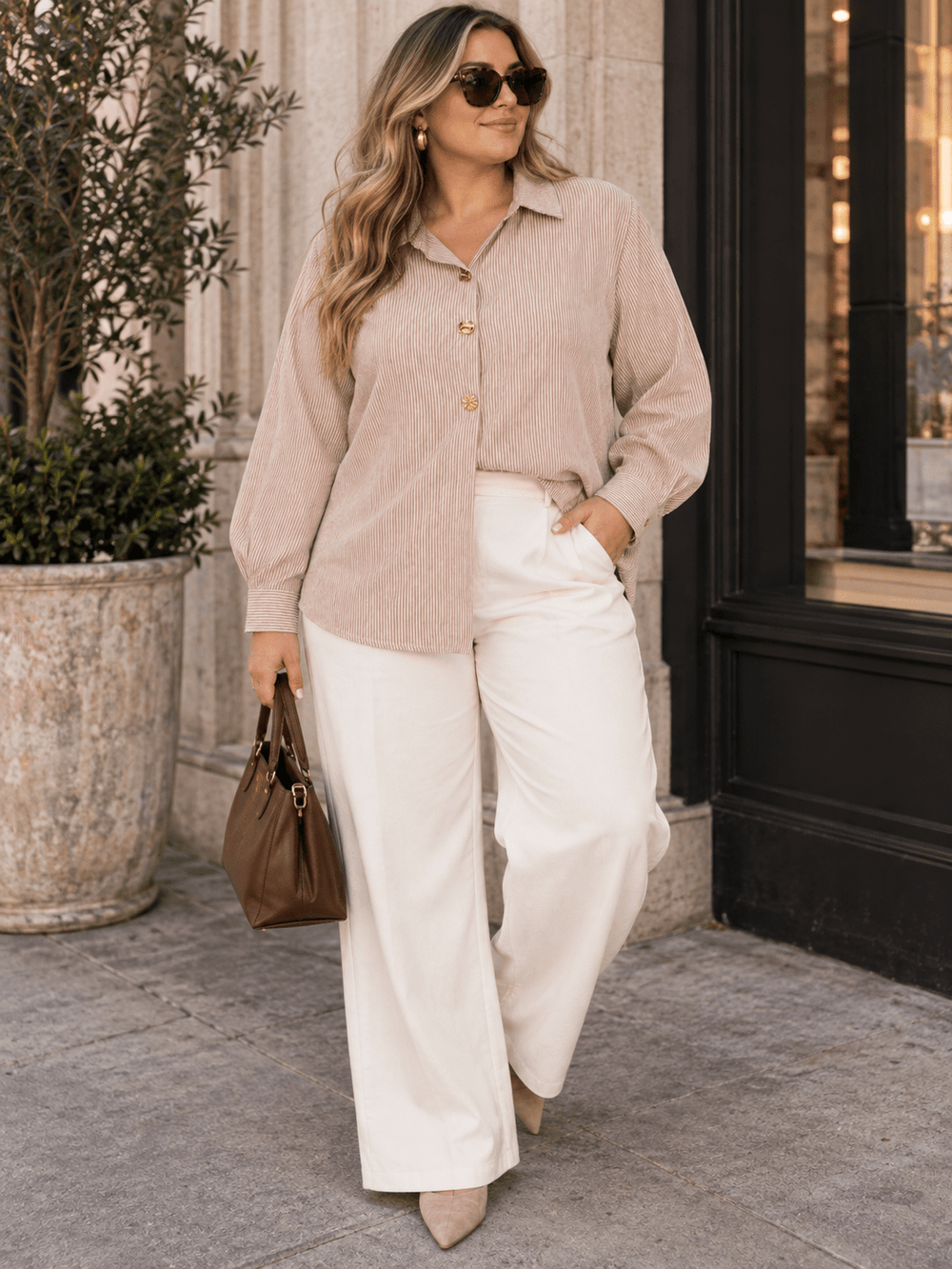 PLUS SIZE LONG SLEEVE BUTTON UP STRIPES SHIRT