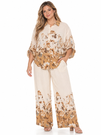 PLUS SIZE 3/4 SLEEVE BUTTON UP BLOUSE & ELASTIC WAIST WIDE LEG PANTS FLORAL 2PC. SET