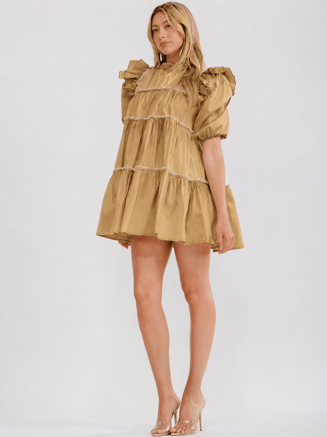 WOMEN'S SHORT PUFF SLEEVE TIERED TUNIC MINI DRESS