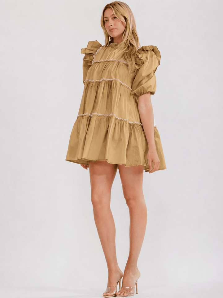 WOMEN'S SHORT PUFF SLEEVE TIERED TUNIC MINI DRESS