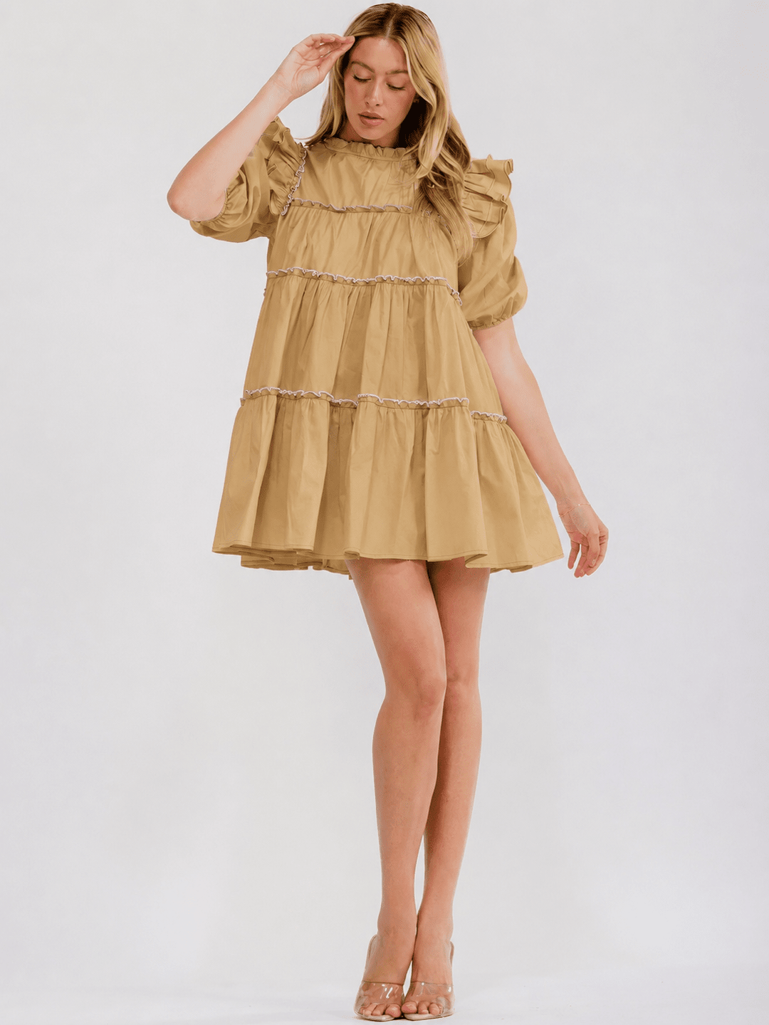 WOMEN'S SHORT PUFF SLEEVE TIERED TUNIC MINI DRESS