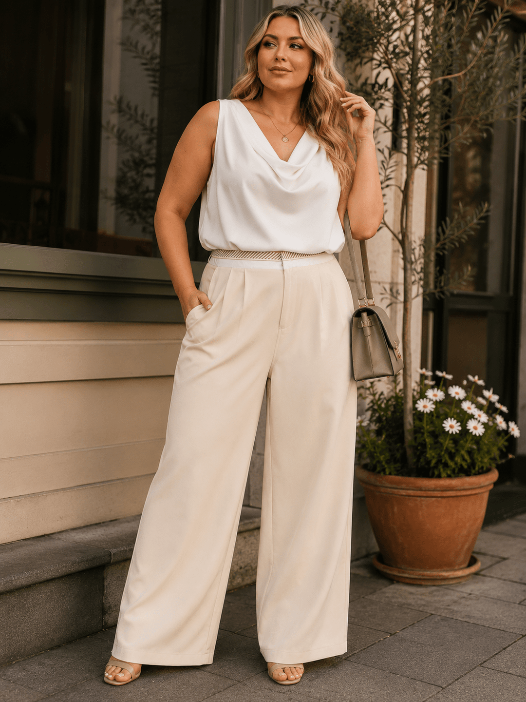 PLUS SIZE BUTTON CLOSURE ELASTIC WAISTBAND POCKETS WIDE LEG SOLID PANTS