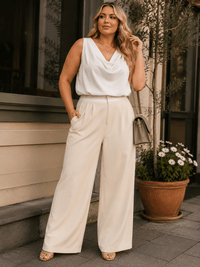 PLUS SIZE BUTTON CLOSURE ELASTIC WAISTBAND POCKETS WIDE LEG SOLID PANTS