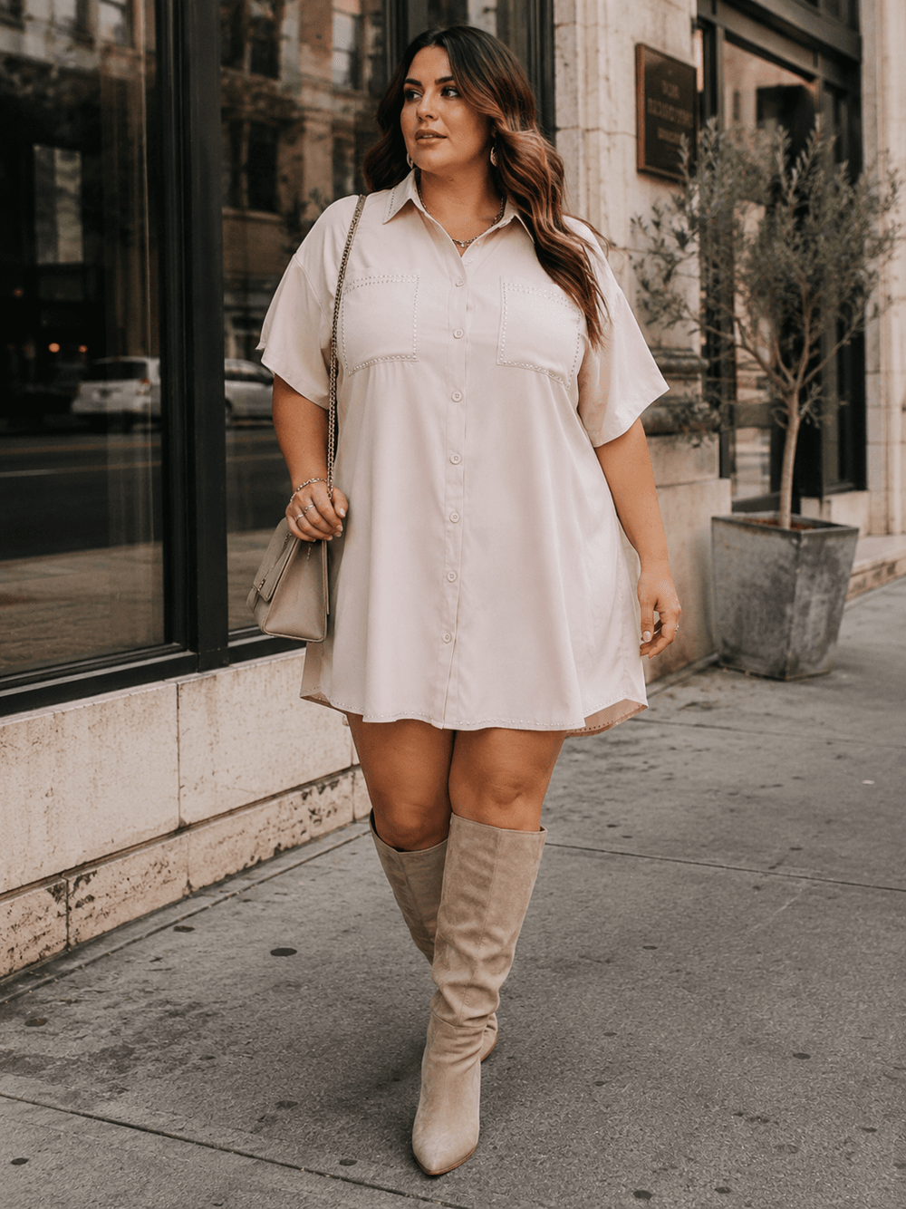 PLUS SIZE SHORT SLEEVE BUTTON UP FRONT POCKETS STUDS DETAILED LOOSE FIT MINI DRESS