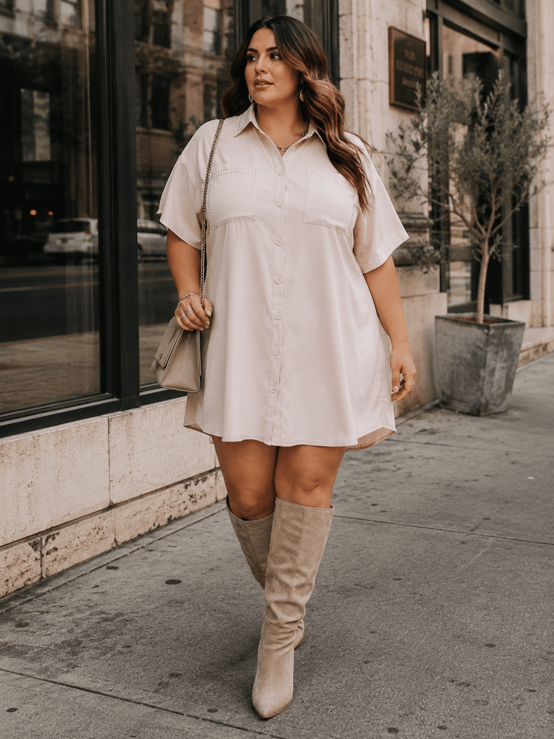 PLUS SIZE SHORT SLEEVE BUTTON UP FRONT POCKETS STUDS DETAILED LOOSE FIT MINI DRESS