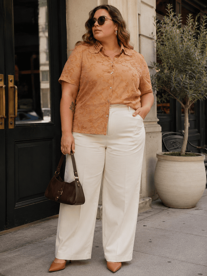 PLUS SIZE SHORT SLEEVE BUTTON UP EMBROIDERY BLOUSE