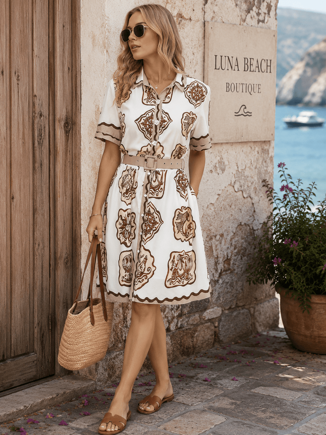 WOMEN'S SHORT SLEEVES BUTTON UP BELTED MULTI PRINT MINI DRESS